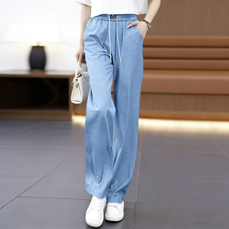 【Féláron korlátozott ideig】【S–3XL】Női Ice Silk vékony, bő szárú farmernadrág – Magas derekú, kényelmes viselet