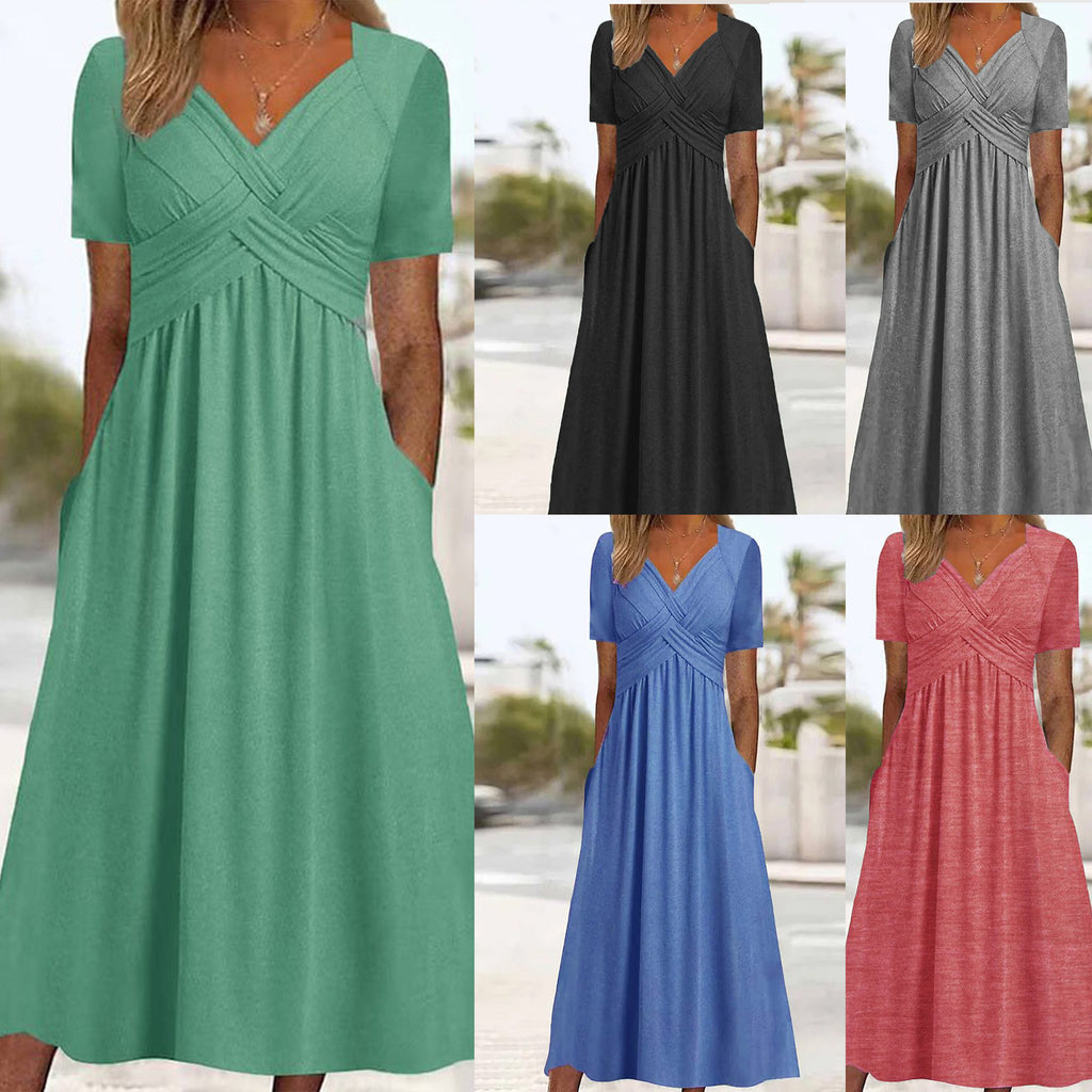 【50% kedvezmény!】【S-3XL】Tiszta színű, hétköznapi divatos közepes hosszúságú ruha