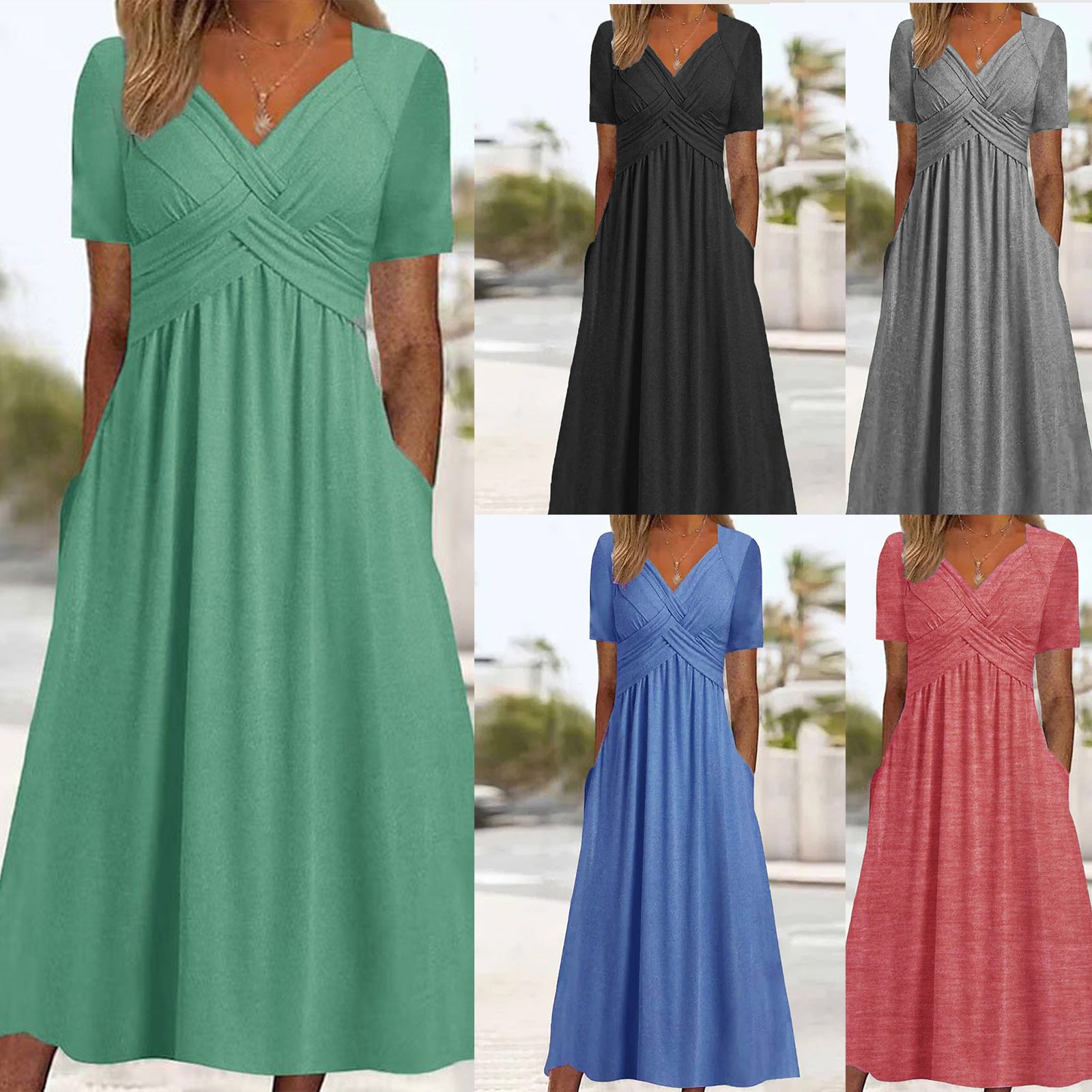 【50% kedvezmény!】【S-3XL】Tiszta színű, hétköznapi divatos közepes hosszúságú ruha