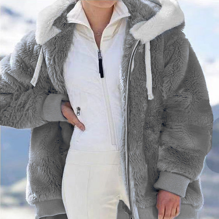☃️Raktárkisöprés – Lenyűgöző 50% kedvezmény!❄️【S-5XL】2025 Női őszi-téli laza, plüss cipzáras kapucnis kabát
