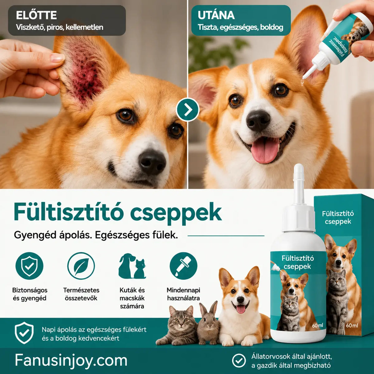 🐶【2 darab 9200 Ft】【Vásárolj 1-et, kapsz 1-t ingyen】 🐱🐶 Gyengéd kisállat fültisztító cseppek – Búcsút inthetsz a fülbetegségeknek