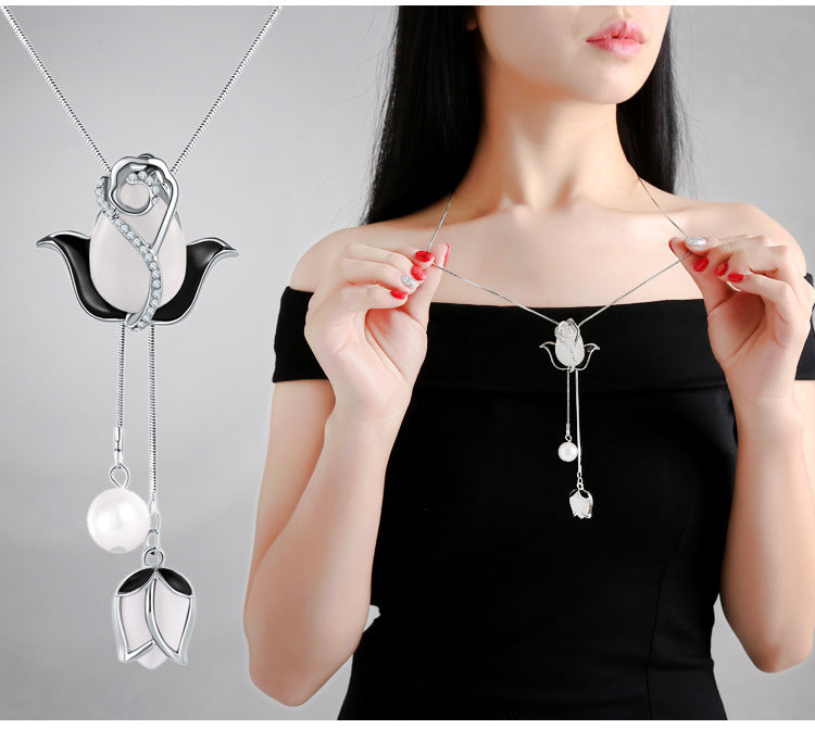 ✨【Limitált ajánlat – Akár 50% kedvezmény】🌷Elegáns hosszú nyaklánc macskaszem kővel, tulipán formában, divatos és figyelemfelkeltő