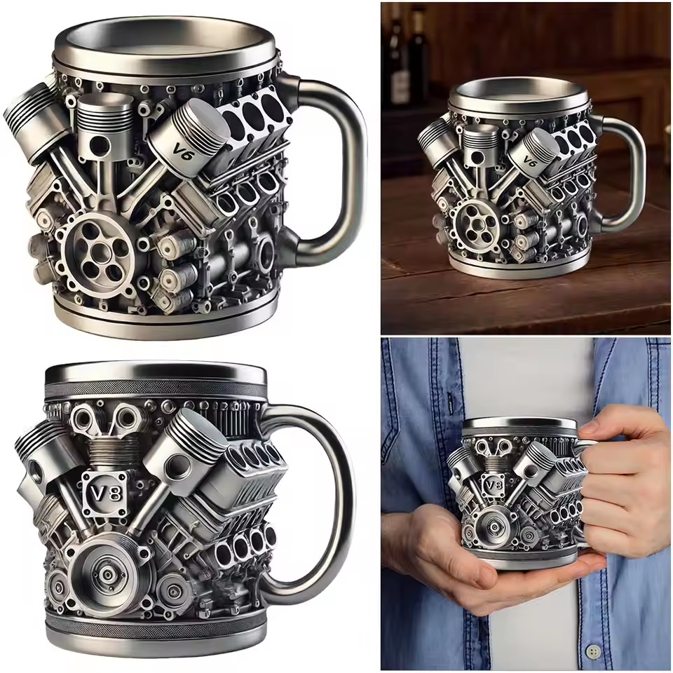 🎁Горещи продажби – Намаление 50%🎁☕ Чаша за кафе от неръждаема стомана Creative Engine V6V8, механичен дизайн