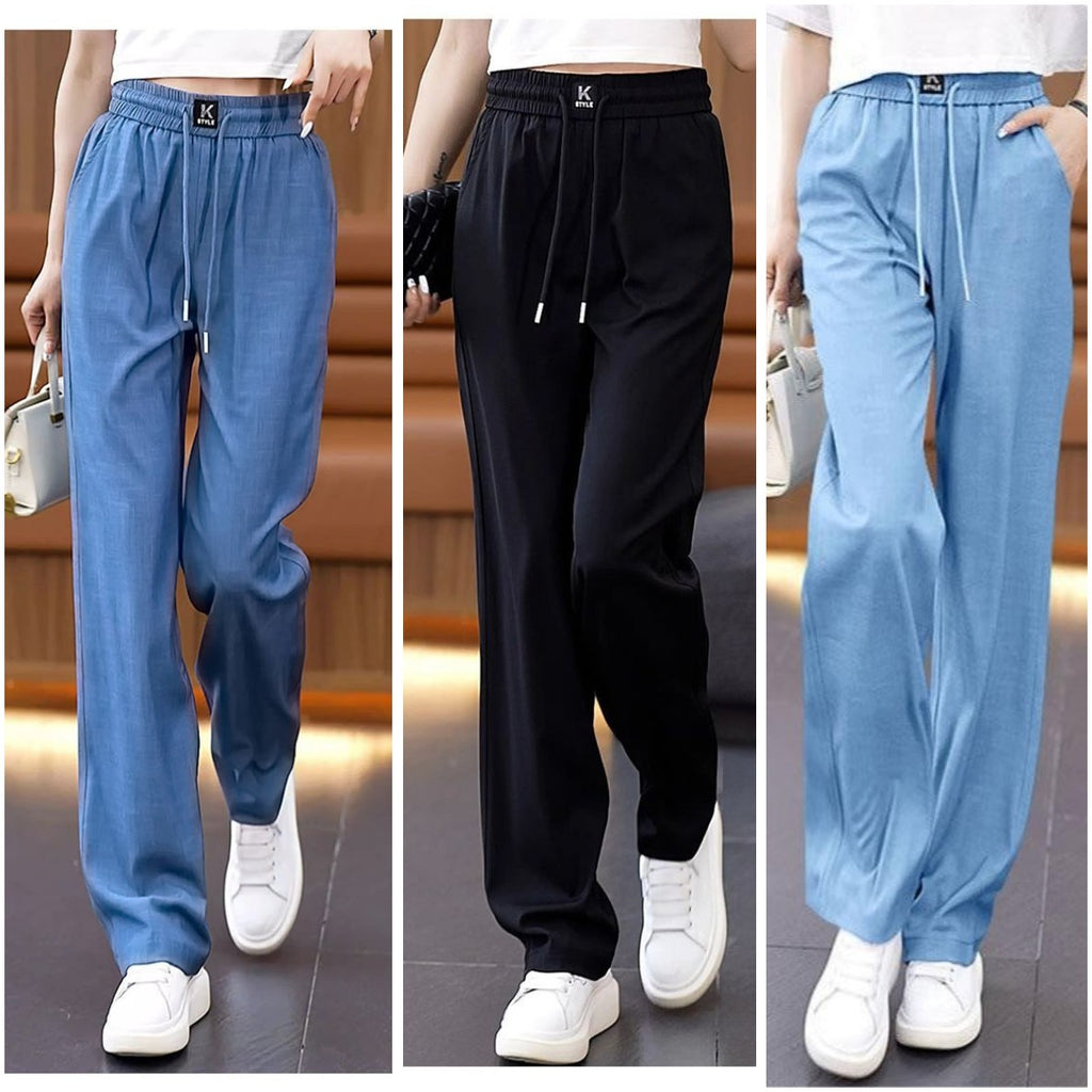 【Féláron korlátozott ideig】【S–3XL】Női Ice Silk vékony, bő szárú farmernadrág – Magas derekú, kényelmes viselet