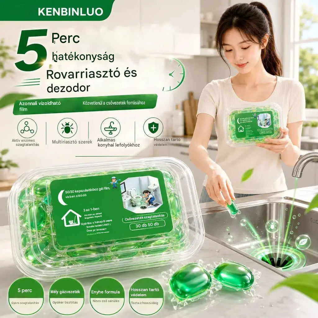 2 csomag (100 tabletta) 👍Vízben oldódó kapszulák a lefolyók szagainak megszüntetésére - tökéletes megoldás a szagok terjedésének megakadályozására a fürdőszobákban és a konyhákban.