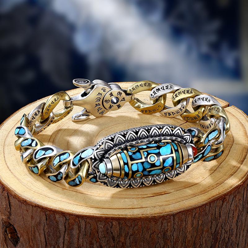 【Korlátozott ideig 50% kedvezmény!】925 sterling ezüst retro hatjegyű türkiz mantra transzfer gyöngyök karkötő