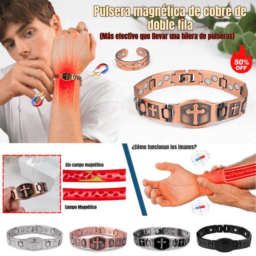 Kúpte jeden, druhý dostanete zadarmo 🎁💙 Pánsky medený náramok Feraco s krížom, magnetický liečivý náramok so 46 magnetmi - 99,99 % čistá meď