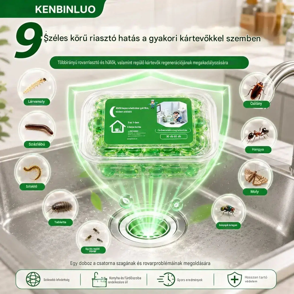 2 csomag (100 tabletta) 👍Vízben oldódó kapszulák a lefolyók szagainak megszüntetésére - tökéletes megoldás a szagok terjedésének megakadályozására a fürdőszobákban és a konyhákban.