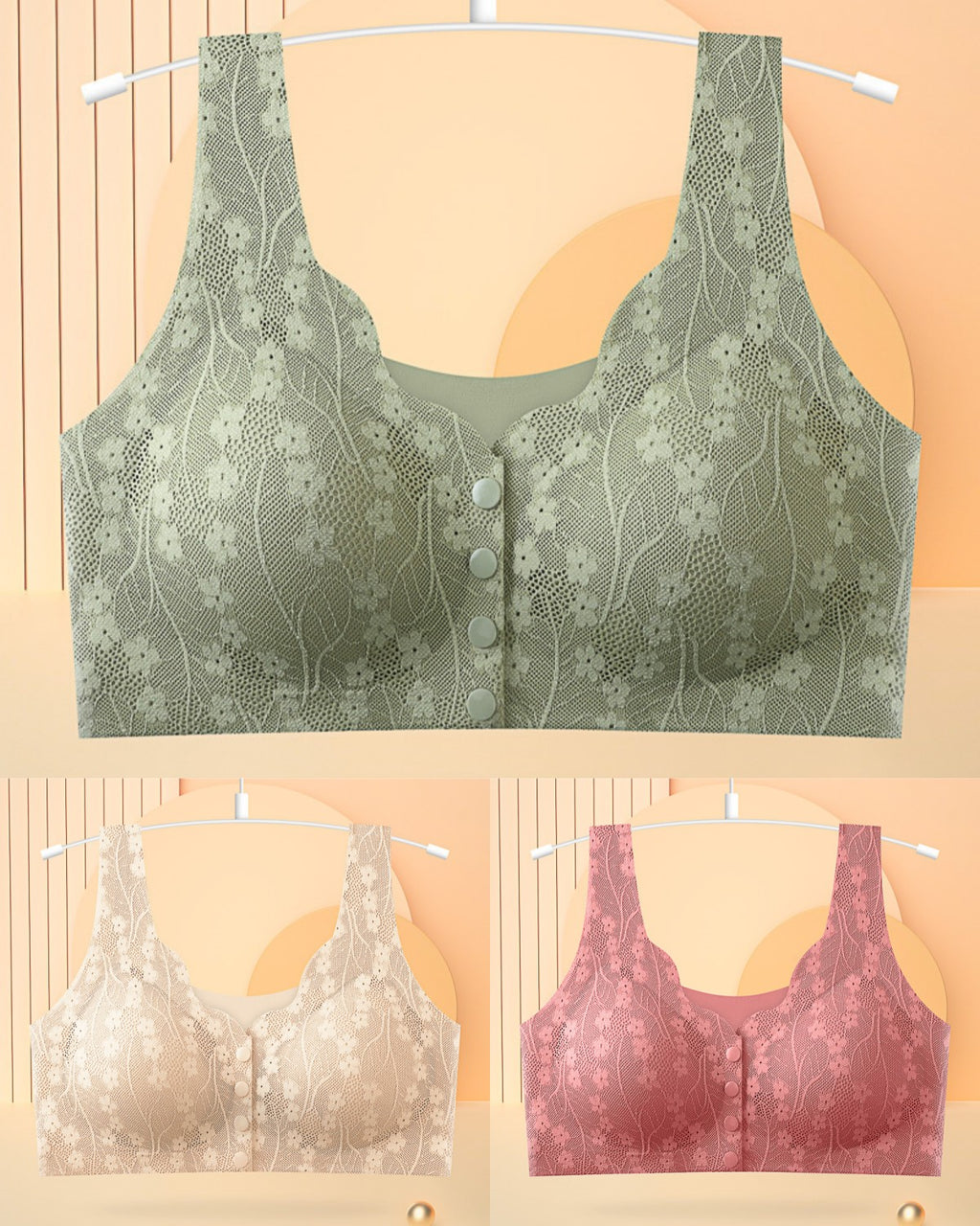 【-50% kedvezmény】【3 darab】【40-100KG】Női vezeték nélküli csipke melltartó elülső rögzítéssel