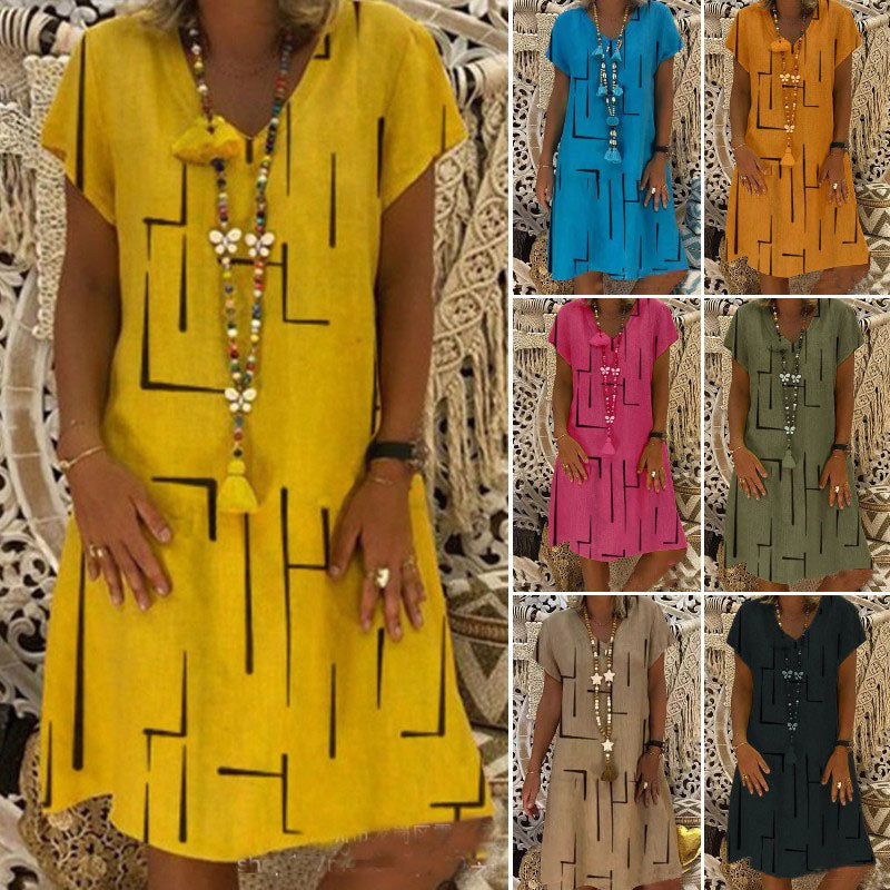 【Korlátozott ideig 50% kedvezmény!】【S-5XL】V-nyakú nyomott pamutruha